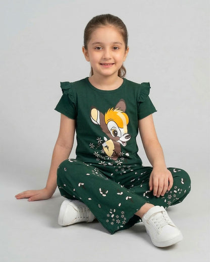 Dark Green Bambi Printed Kids Co-Ord Set