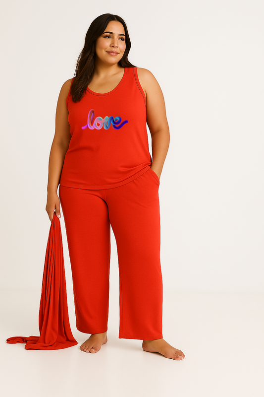 Women’s 3 Piece Nightwear Lounge Set with Multi Love Print | Plus Size Loungewear