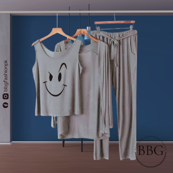 Grey Black Smile Women Night Suit PJ 3 Pieces Set