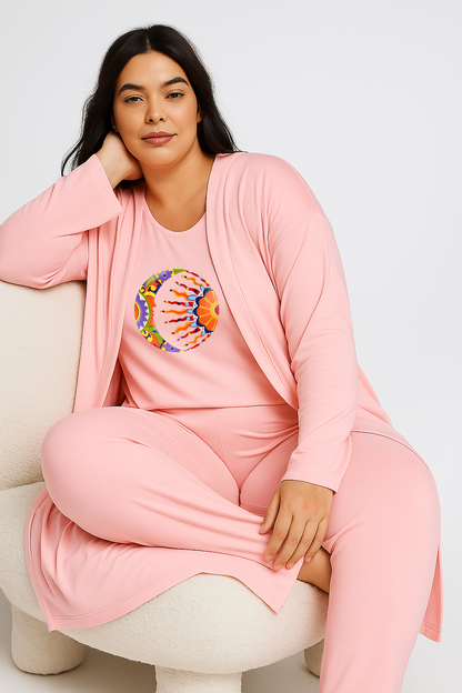 Women’s 3 Piece Nightwear Lounge Set with Moon & Sun Print | Plus Size Loungewear