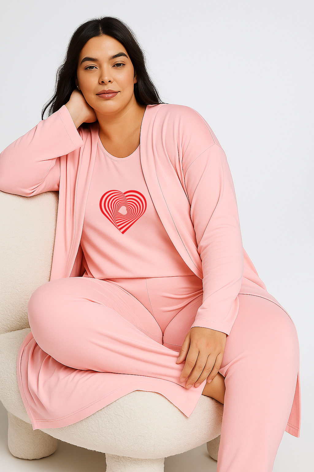 Women’s 3 Piece Nightwear Lounge Set with Gemetrical Heart Print | Plus Size Loungewear