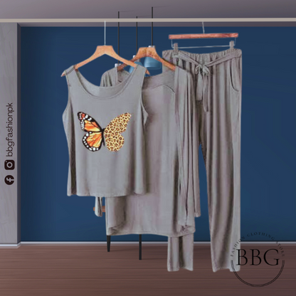 Orange Butterfly Women Night Suit PJ 3 Pieces Set
