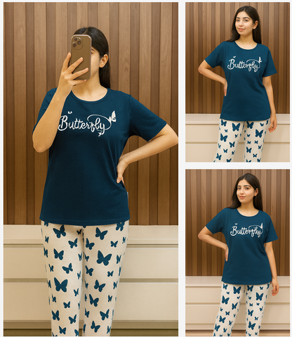 Sailor Blue  Butterfly Printed T-Shirt with Butterfly printed  Palazzo Night Suit