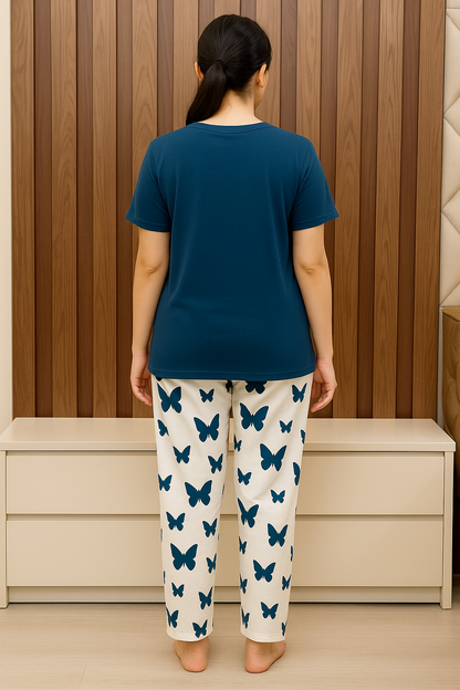 Sailor Blue  Butterfly Printed T-Shirt with Butterfly printed  Palazzo Night Suit