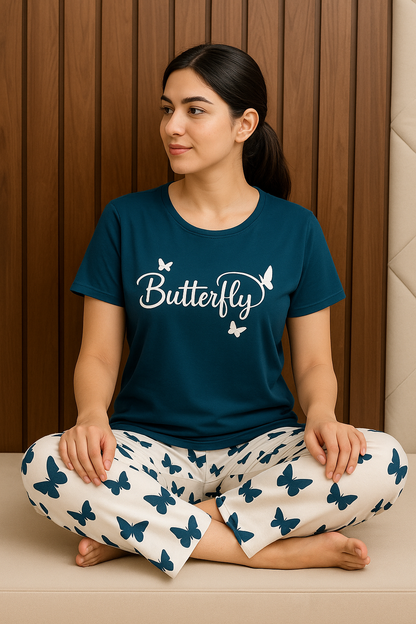 Sailor Blue  Butterfly Printed T-Shirt with Butterfly printed  Palazzo Night Suit