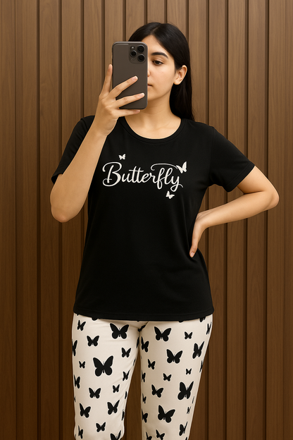 Black Butterfly Printed T-Shirt with Butterfly printed trouser Night wear Half sleeve