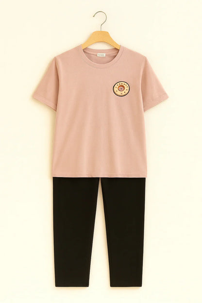 PINK DONUT DRIP PRINTED SHIRT AND BLACK TROUSER