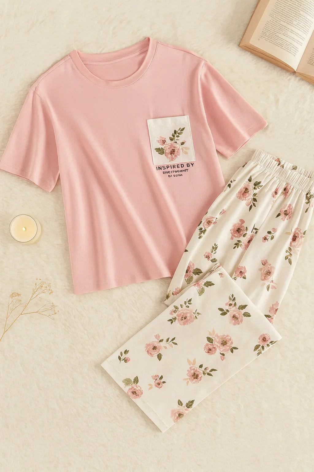 Pink Flower Printed Pocket Half Sleeves Shirt and White Flower Printed Trouser Night Wear