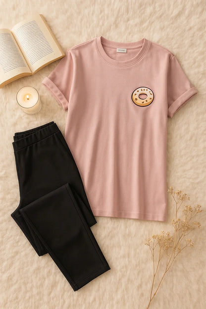 PINK DONUT DRIP PRINTED SHIRT AND BLACK TROUSER
