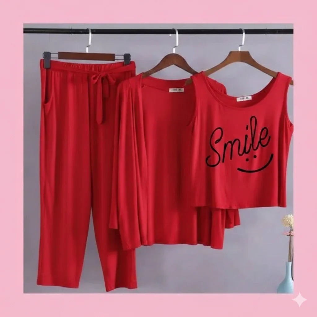 Smiley Women Night Suit PJ 3 Pieces Set
