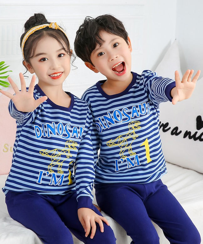 Dino Blue Stripe Kids Pajama Set