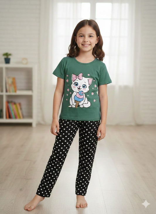 Sweet Kitty Ice Cream Girls Pajama Set – Green & Black