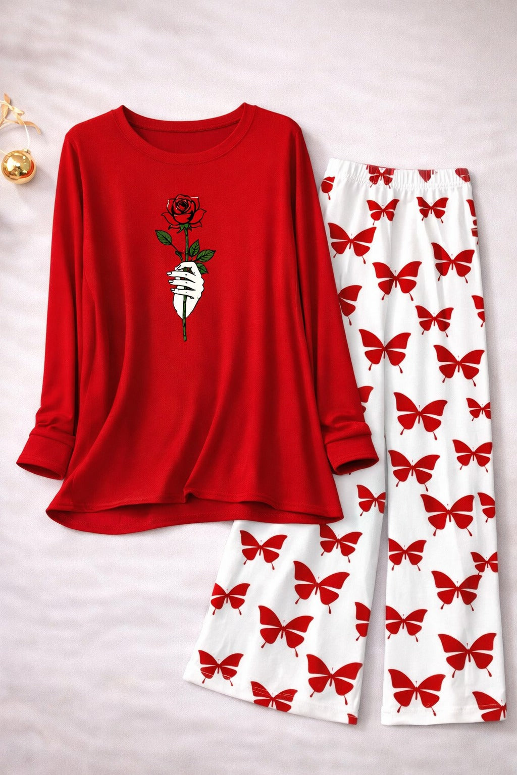 Rose Flower  Printed Red Shirt with Butterfly Printed Palazzo Night Suit