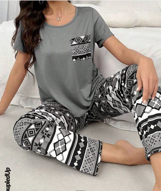 Grey Geometric Printed Night Suit