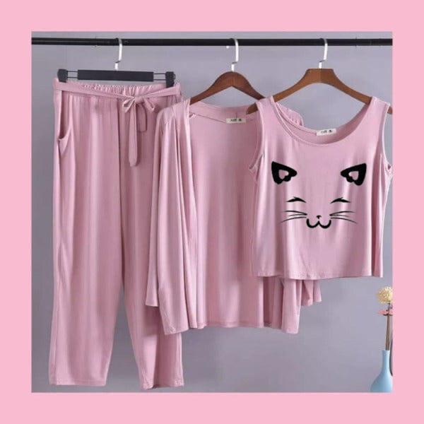 Cat Printed Women Night Suit PJ 3 Pieces Set
