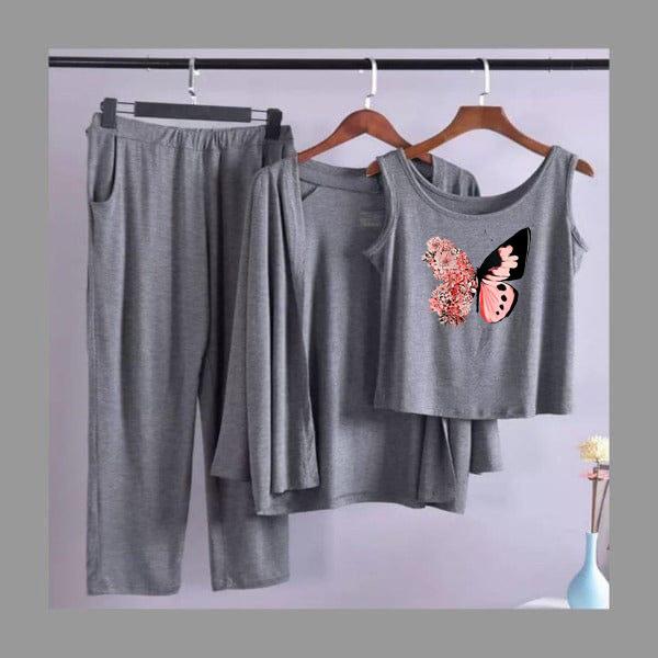 Pink Butterfly Women Night Suit PJ 3 Pieces Set