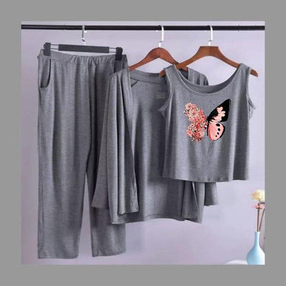 Pink Butterfly Women Night Suit PJ 3 Pieces Set