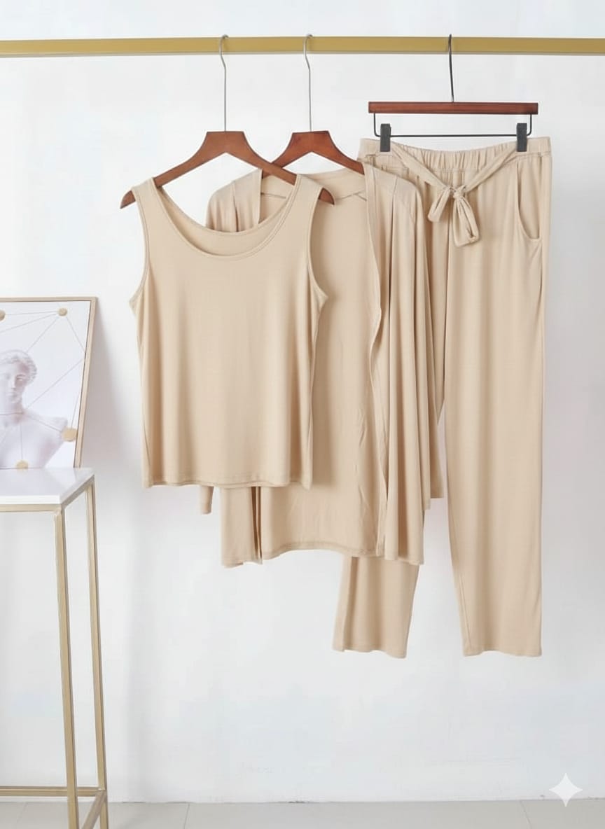 3 Pieces Long Sleeve Women Night Suit PJ Set