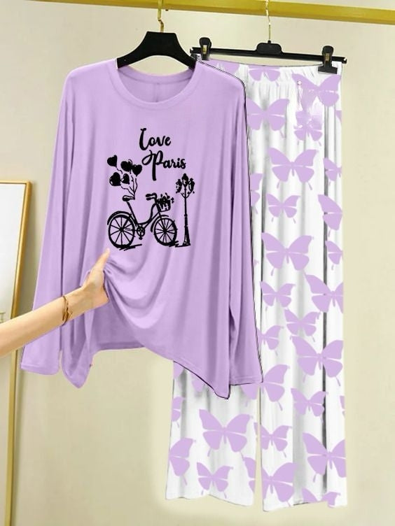 Love in Paris Printed Light Purple  Shirt with Butterfly Printed  Palazzo Night Suit