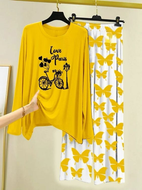 Love in Paris Printed Yellow  Shirt with Butterfly Printed Palazzo Night Suit