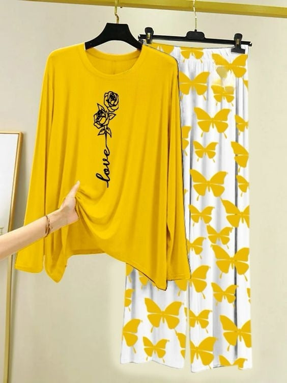 Rose Love Printed Yellow  Shirt with Butterfly Printed  Palazzo Night Suit