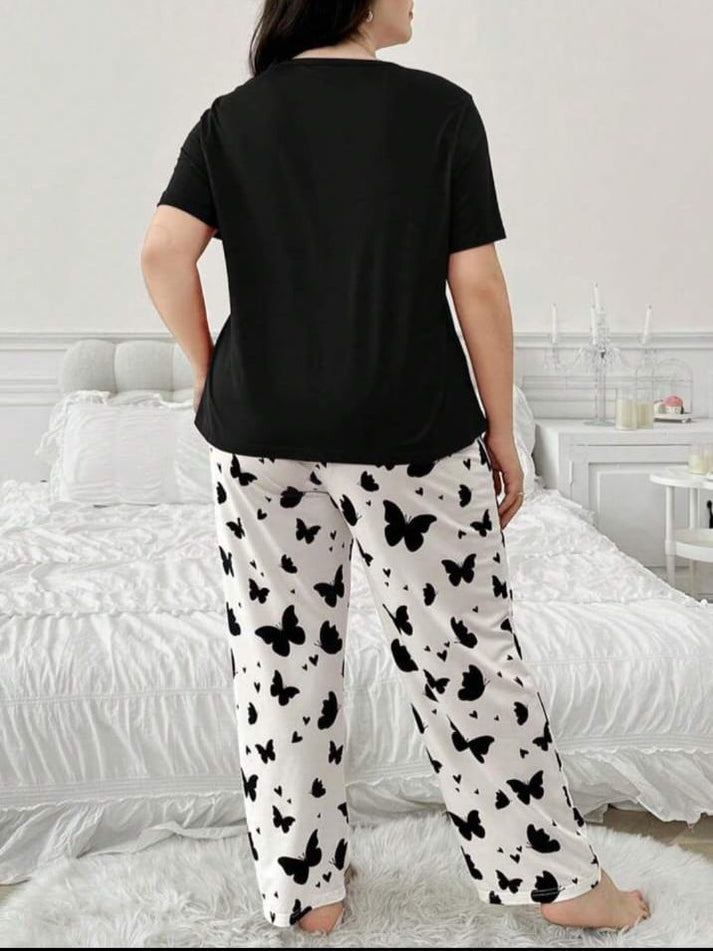 Black Butterfly Printed T-Shirt with Butterfly printed trouser Night wear Half sleeve