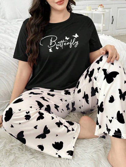 Black Butterfly Printed T-Shirt with Butterfly printed trouser Night wear Half sleeve