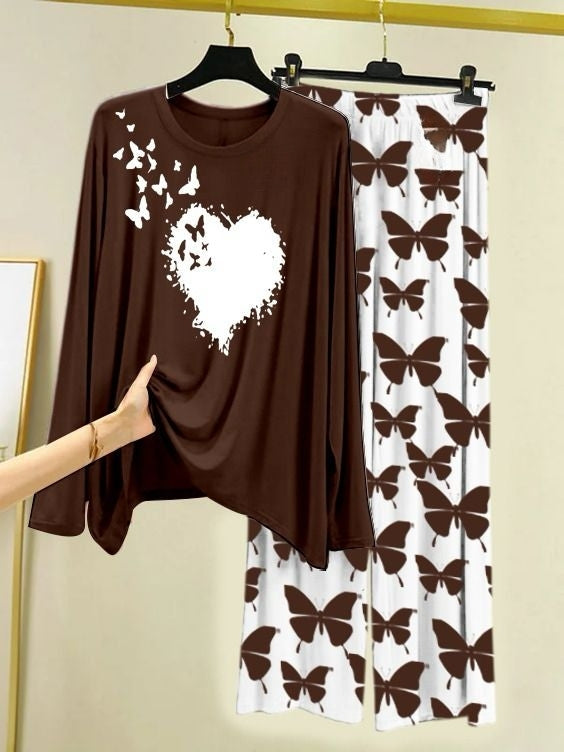 Butterfly Bloom Printed Brown Shirt with Butterfly Printed   Palazzo Night Suit